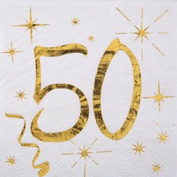 20 Serviettes papier blanche et dorée 50 ans