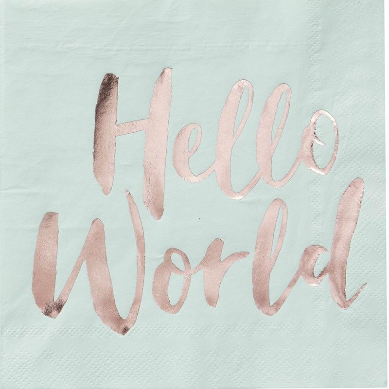 Serviettes couleur menthe écriture "Hello World" rose gold (x20)