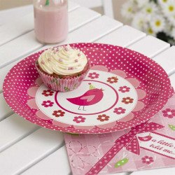 Assiette rose bonbon avec un cupcake dessus (x8)