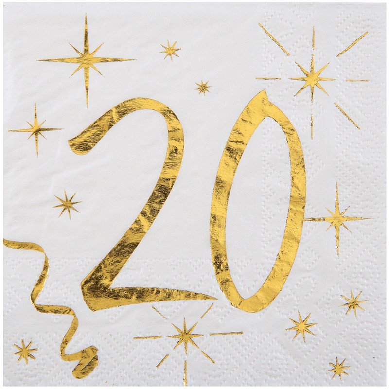 20 Serviettes papier blanche et dorée 20 ans