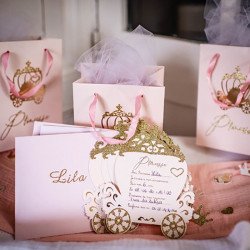 8 Invitations Princesse au Carrosse doré + enveloppes