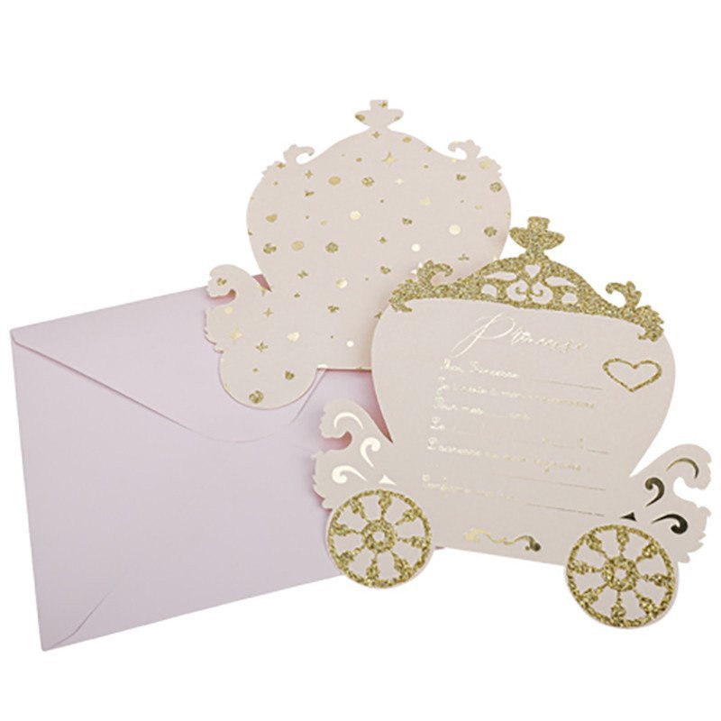 8 Invitations Princesse au Carrosse doré + enveloppes