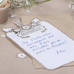 Invitation Licorne pailettes dorée et blanche avec pochette kraft (x8)