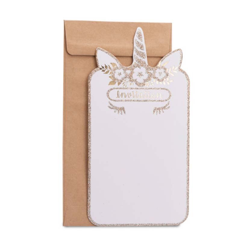 Invitation Licorne pailettes dorée et blanche avec pochette kraft (x8)