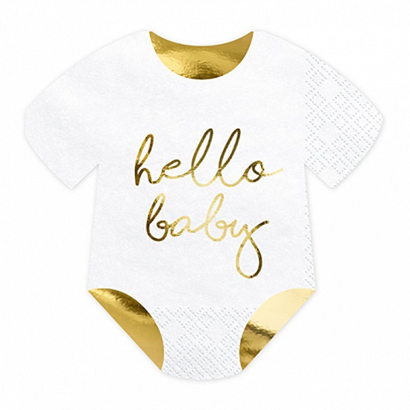 Serviettes "Hello Baby" blanche et doré en forme de body pour bébé (x20)