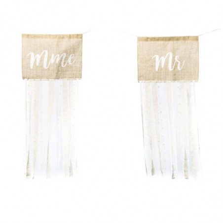 Fanions "Mr" et "Mme" en jute, lin et dentelle (x2)