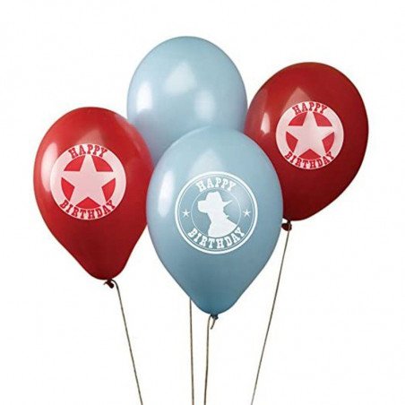 Ballons Cowboy rouges, bleus et blancs avec motifs (x8)