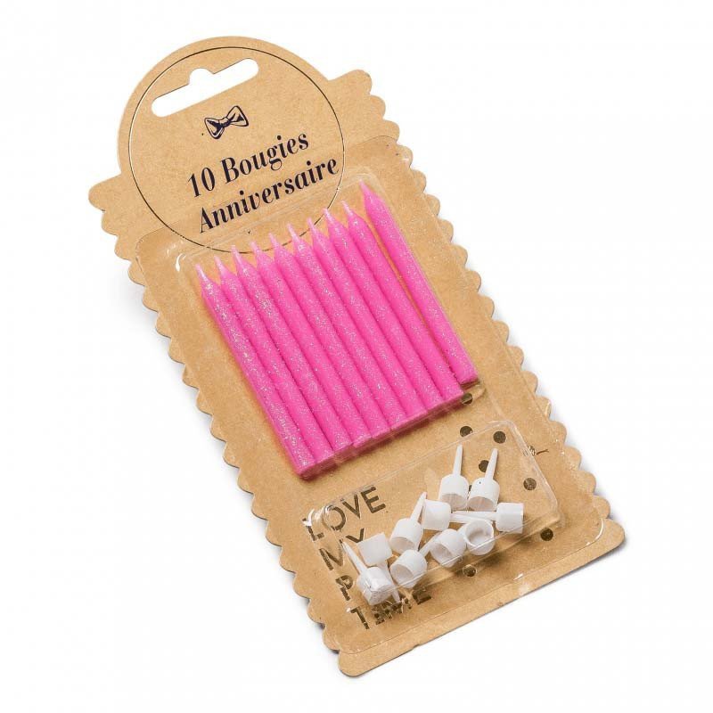 Bougies rose fluo pailleté + bobèches (x10)