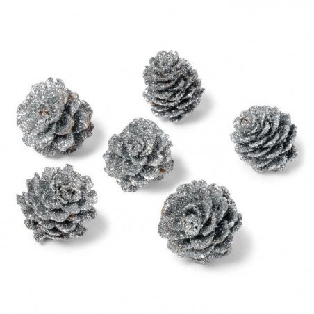 Pommes de pins pailletées argent (x6)