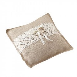 Coussin Alliances toile de jute et dentelle