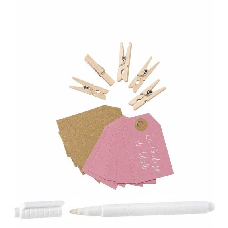 Kit Mini pince et étiquette rose/kraft (x10)