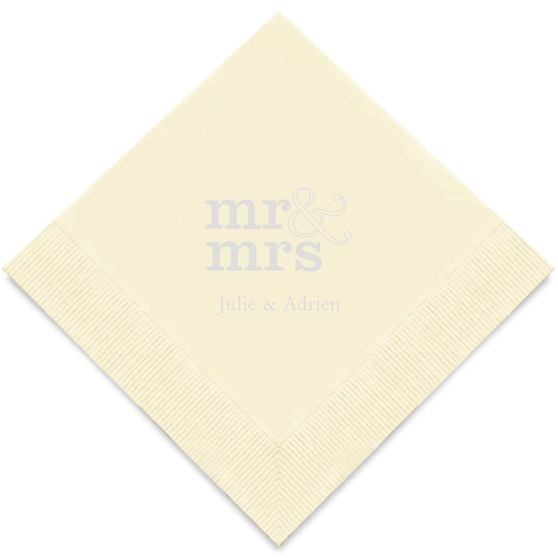 Serviettes Cocktail Ivoire Personnalisées "Mr & Mrs" (x50) design Argent