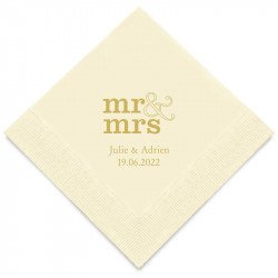 Serviettes Cocktail Blanches Personnalisées "Mr & Mrs" (x50) design Or