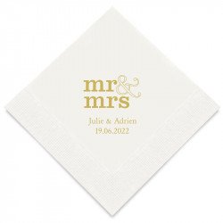 Serviettes Cocktail Blanches Personnalisées "Mr & Mrs" (x50) design Or