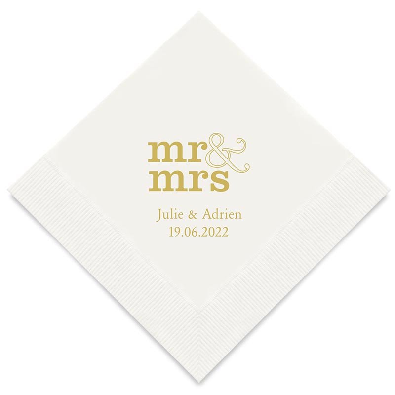 Serviettes Cocktail Blanches Personnalisées "Mr & Mrs" (x50) design Or