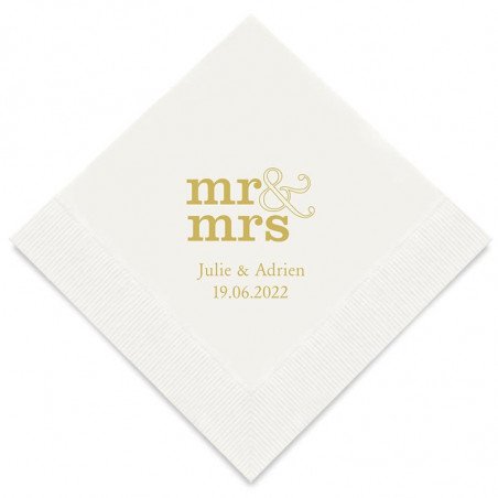 Serviettes Cocktail Blanches Personnalisées "Mr & Mrs" (x50) design Or