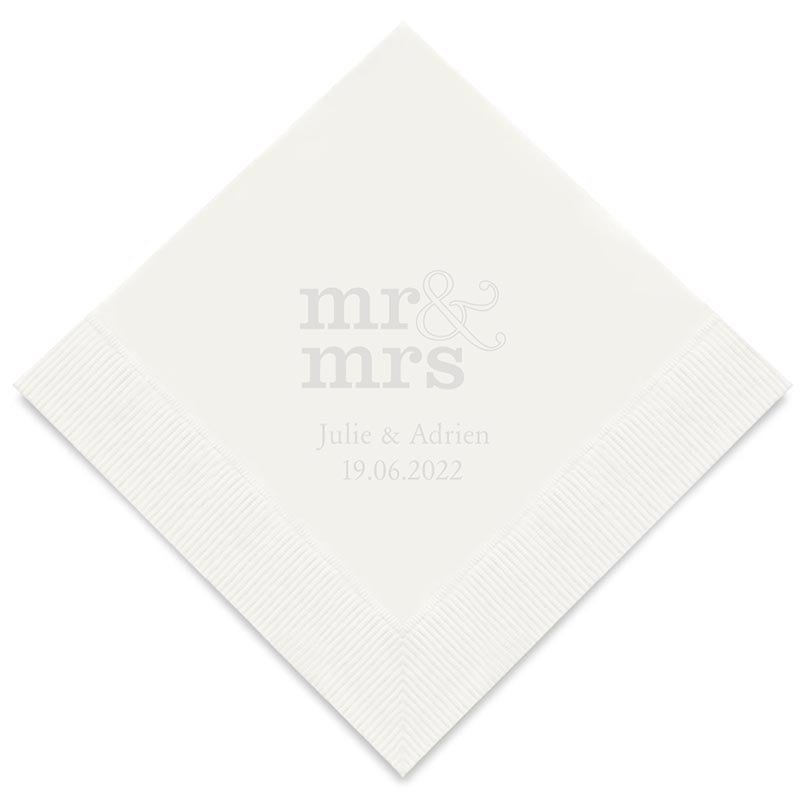 Serviettes Cocktail Blanches Personnalisées "Mr & Mrs" (x50) design Argent