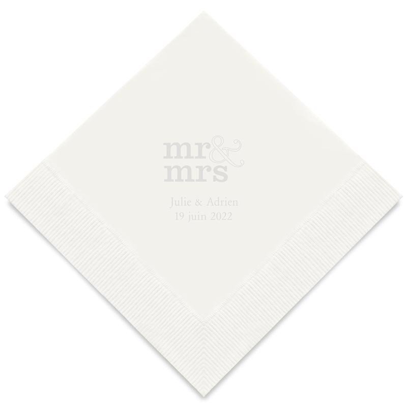 Serviettes Blanches Personnalisées "Mr & Mrs" (x50) design Argent