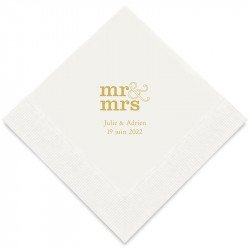 Serviettes Blanches Personnalisées "Mr & Mrs" (x50) design Or