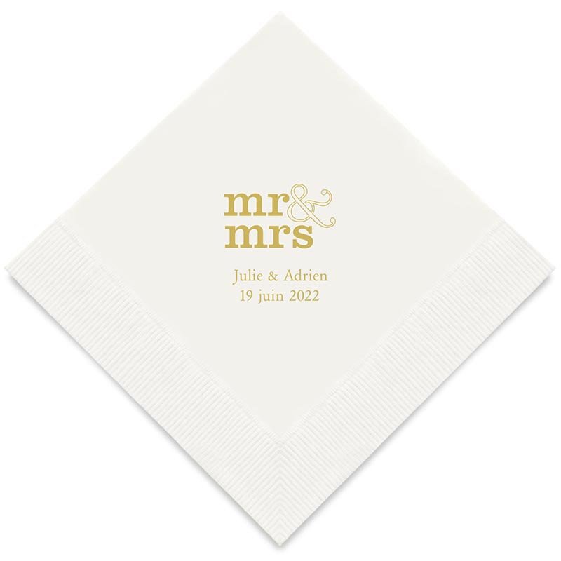 Serviettes Blanches Personnalisées "Mr & Mrs" (x50) design Or