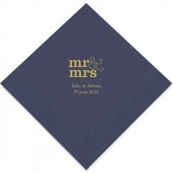 Serviettes Bleu Marine Personnalisées "Mr & Mrs" (x50) design Or