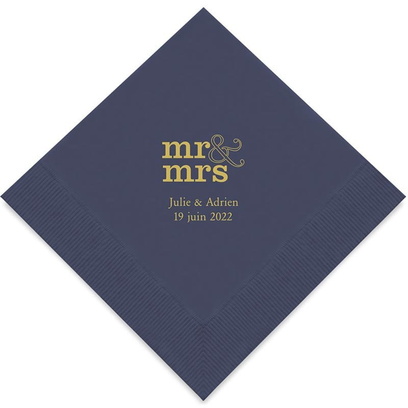 Serviettes Bleu Marine Personnalisées "Mr & Mrs" (x50) design Or