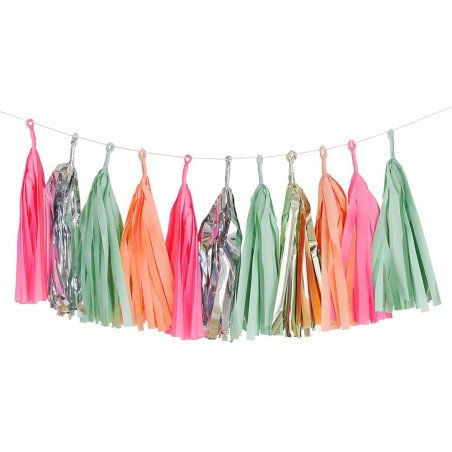 guirlande de tassels couleur menthe, corail et or