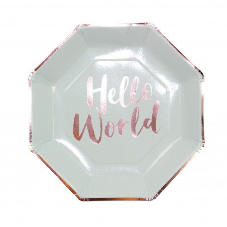 Assiettes couleur menthe écriture "Hello World" rose gold (x8)