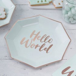 Assiettes couleur menthe écriture "Hello World" rose gold (x8)