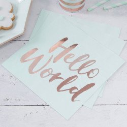 Serviettes couleur menthe écriture "Hello World" rose gold (x20)