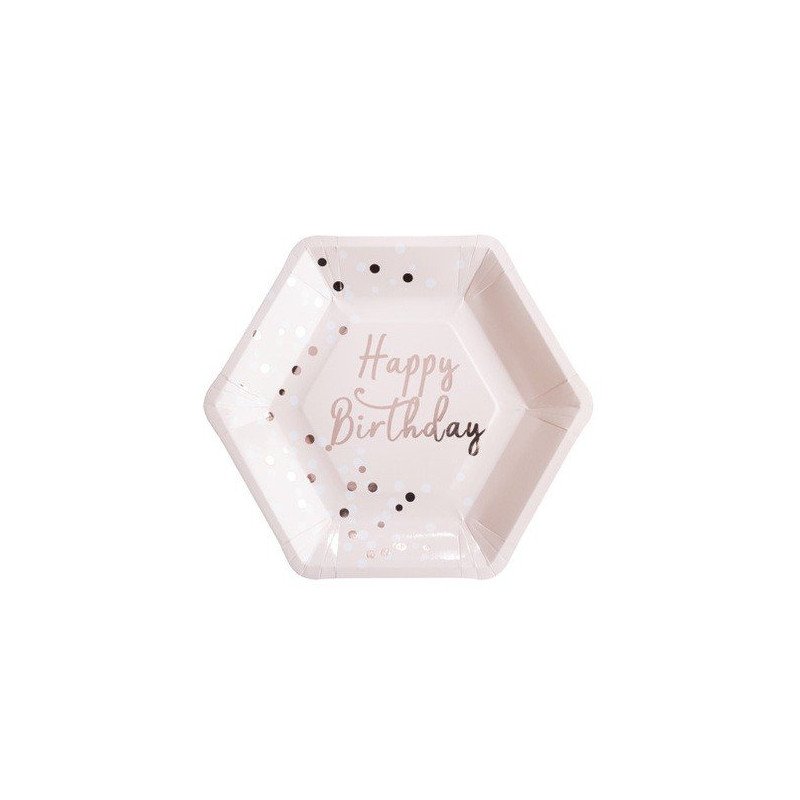 Assiettes Happy Birthday confettis rose gold