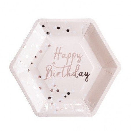 Assiettes Happy Birthday confettis rose gold