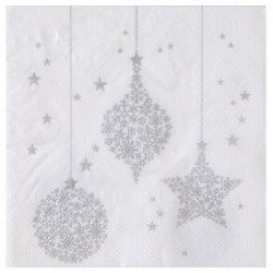 20 Serviettes Flocons Blanches & Argent