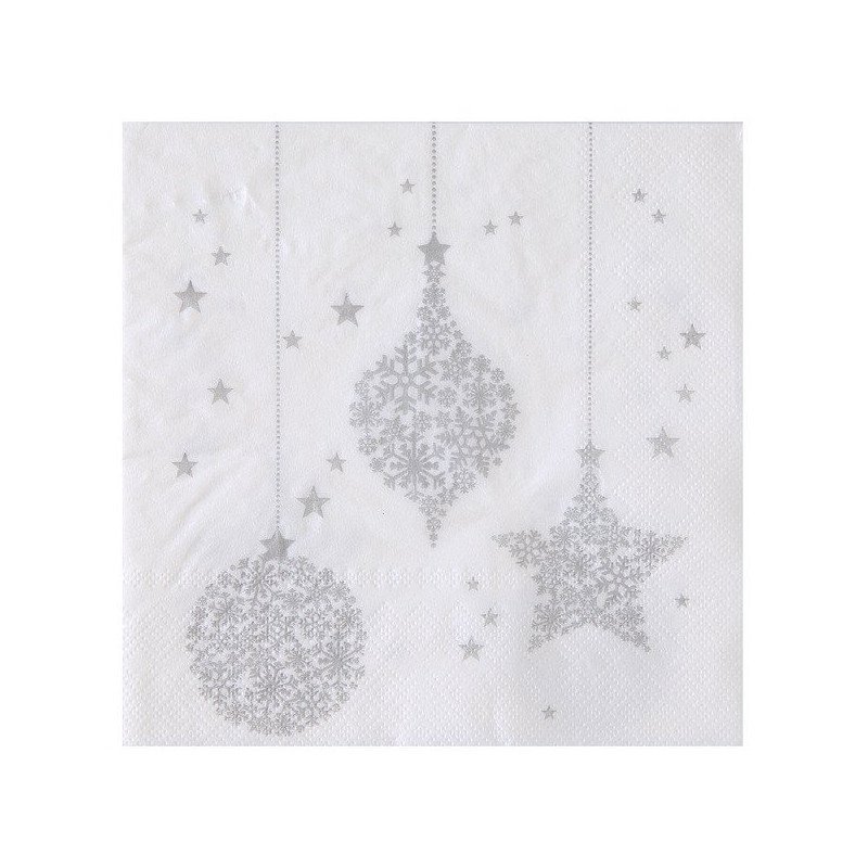 20 Serviettes Flocons Blanches & Argent