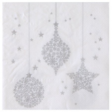 20 Serviettes Flocons Blanches & Argent