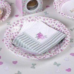 Serviettes Vintage Lilas dans une assiette blanche à pois rose (x20)