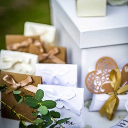 Boites à dragées blanc et kraft embossé "love" en or sur une table(x10)