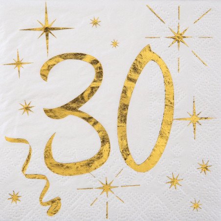 20 Serviettes papier blanche et dorée 30 ans