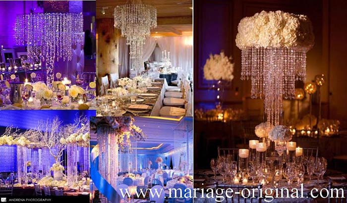 centre de table mariage theme princesse, theme diamant, lustre de table, guirlande de perles, decor plafond dessus table