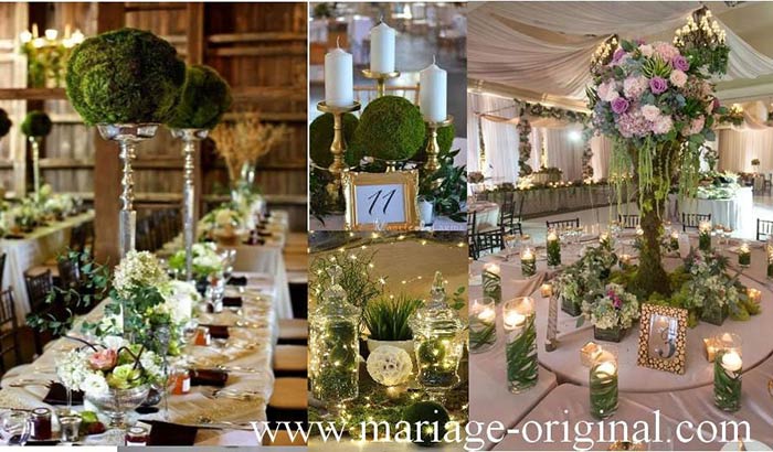 decors mariage en mousse naturelle, theme champetre, centre de table en mousse naturelle