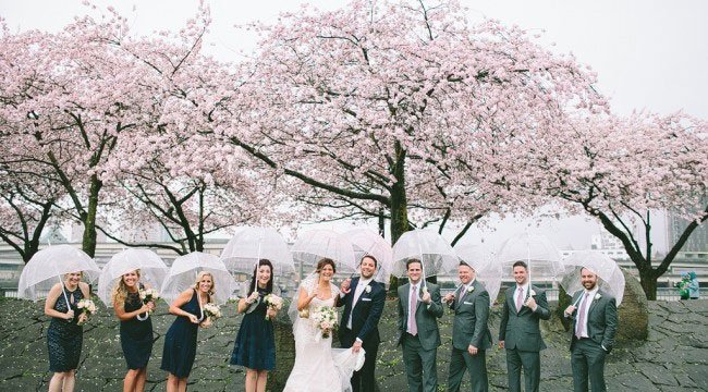 Photographie mariage avec amis décors fleurs de cerisier